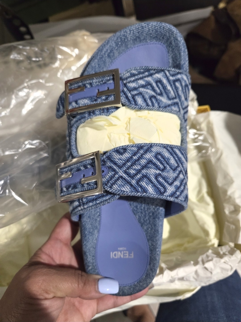 Fendi Women's Denim Blue Monogram Double-Buckle Slide Sandals - Picture 5 of 10